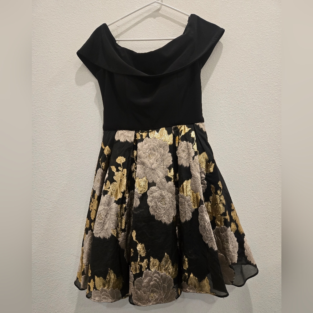 Betsy & Adam Gold and Black Fit and Flare Cowl Neck Dress